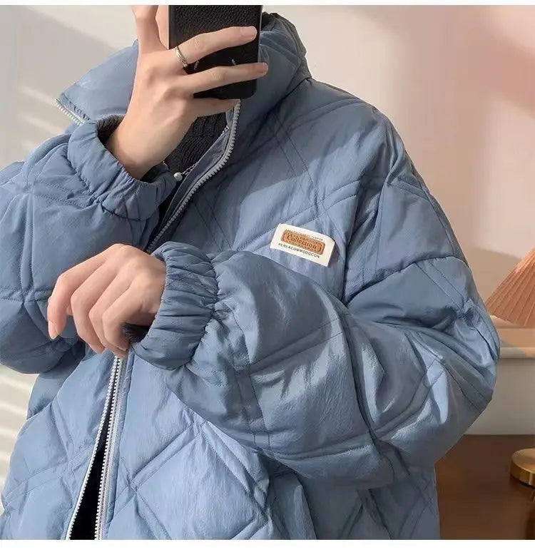 Winter personalized diamond grid cotton coat for men loose stand up collar trend for couples American loose retro casual top y2k Street King Limited