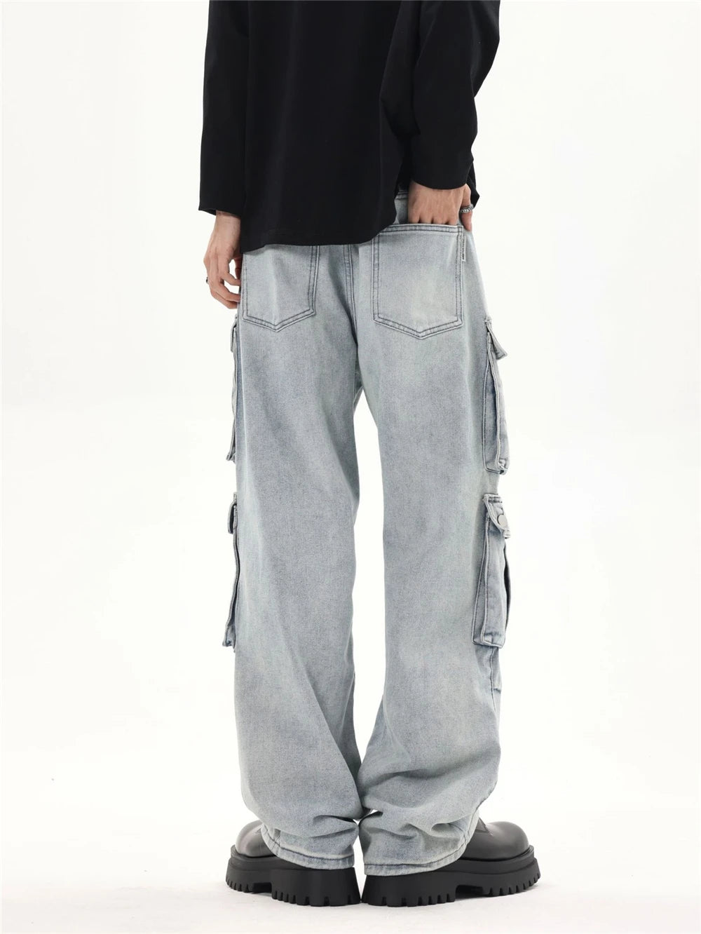 2024 multi pocket jeans vintage mens harajuku cargo denim pants retro hip hop straight loose jean pants unique cargo style 1008
