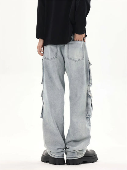 2024 multi pocket jeans vintage mens harajuku cargo denim pants retro hip hop straight loose jean pants unique cargo style 1008