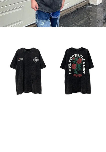Retro back rose print washed distressed t-shirt national fashion brand pure cotton short-sleeved men's couple wear half-sleeved Street King Limited