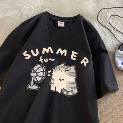 American Street Creative Blow Fan Cat Pure Cotton T-shirt for Men and Women Summer Relaxed Short Sleeve Couple Wear INS Top Street King Limited