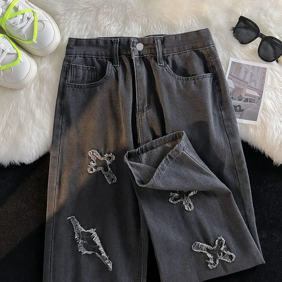 Korean Street Style Retro Pants Raw Edge Cross Jeans Design Y2K Personality Men and Women Niche Hip-hop Loose Sports Jeans Street King Limited