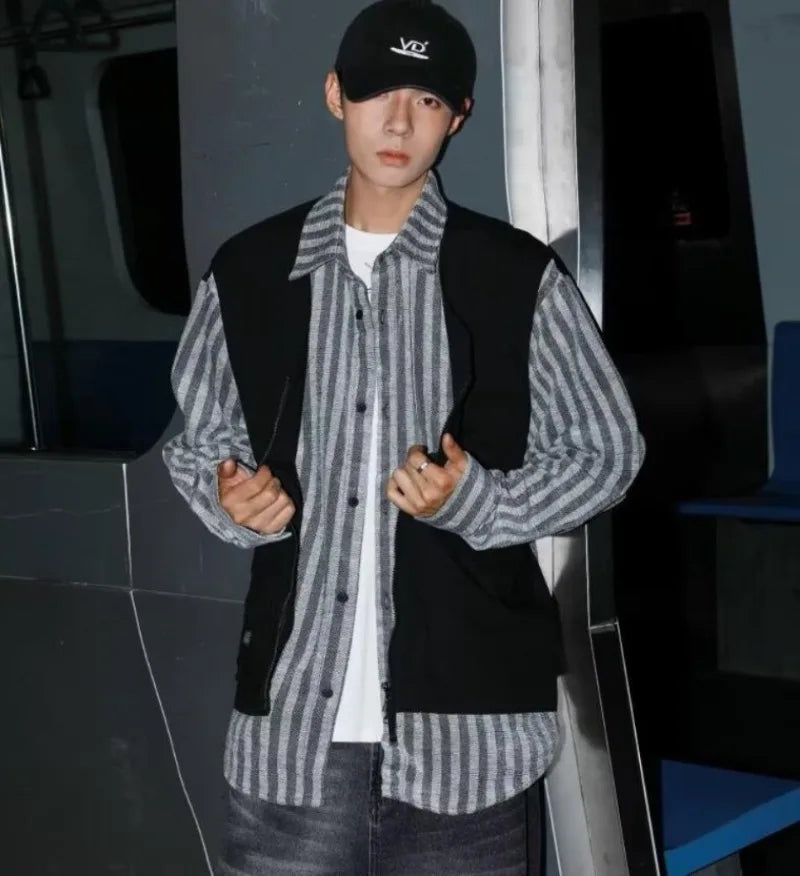 striped mens shirt jacket 2024 spring japanese street color blocked fake two coats vest tooling trend zipper long sleeved tops unique default style 2390