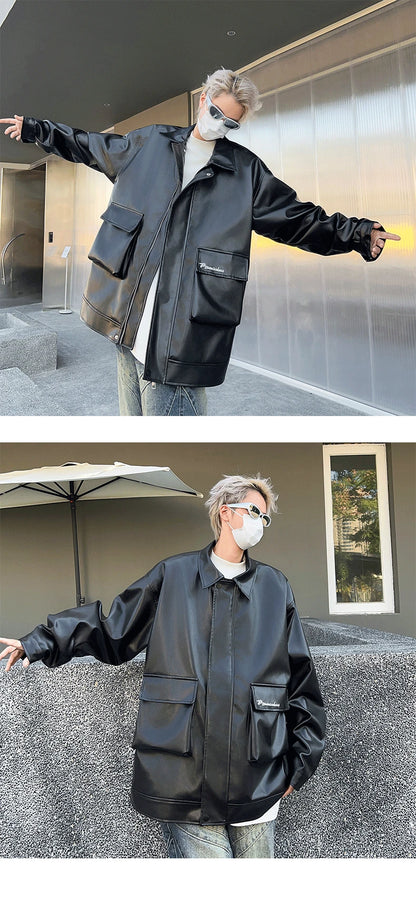 autumn motorcycle pu jacket coat for men leisure trendy workwear jacket niche ruffian handsome double neckline design jacket unique default style 5940