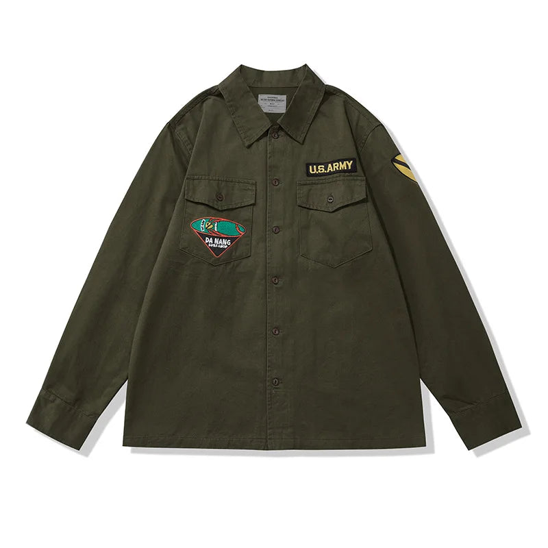 Amekaji Vintage Embroidered Long Sleeve Tooling Shirt Men Spring Autumn New Workwear Lapel Multi-pocket Cargo Shirt Cardigan Top Street King Limited