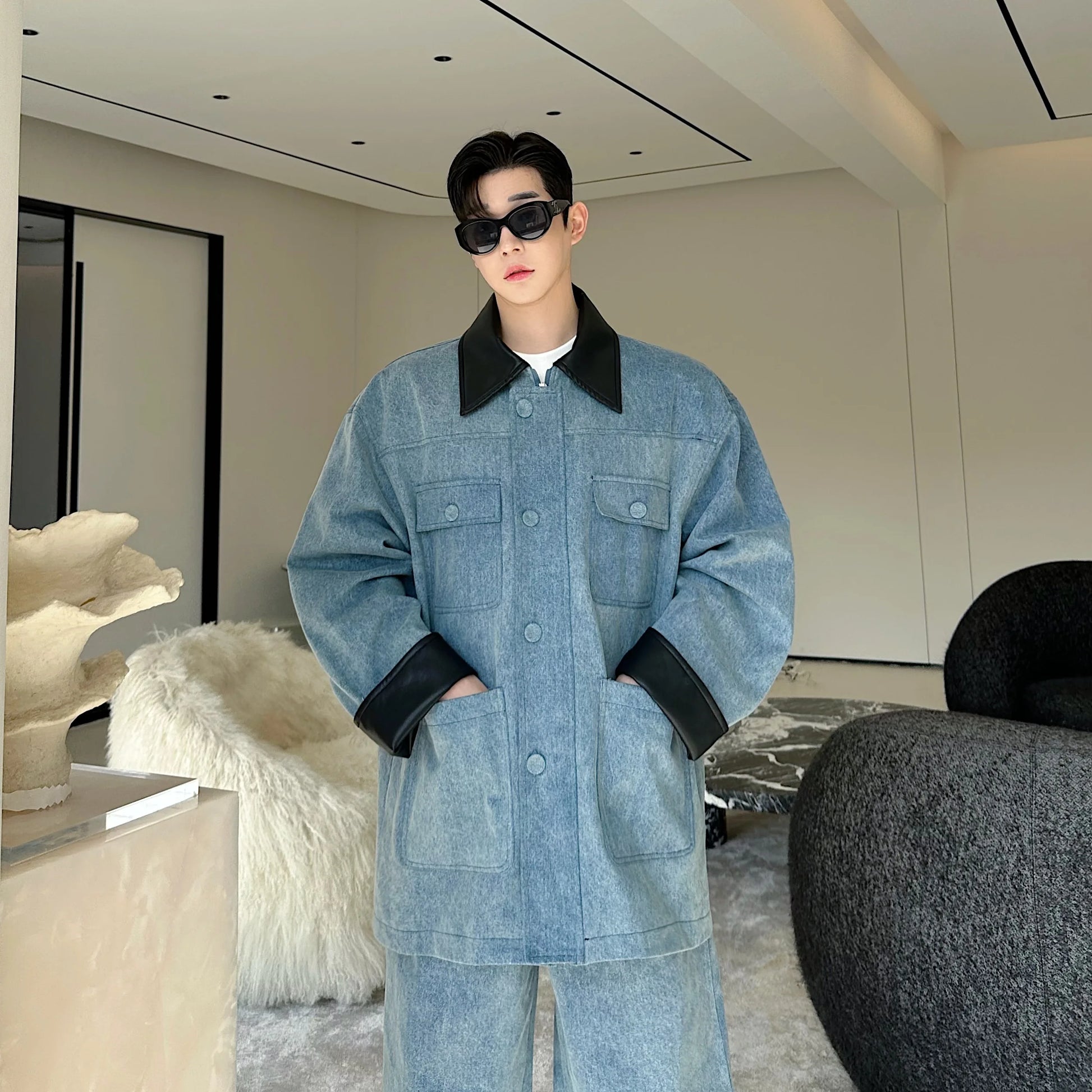 fashion show suits men streetwear washed denim splice loose casual jacket wide leg jeans pants 2 piece sets coat trousers suits unique jeans style 2627