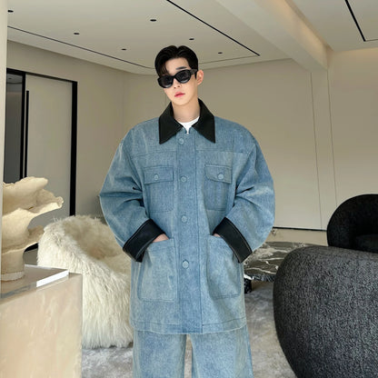 fashion show suits men streetwear washed denim splice loose casual jacket wide leg jeans pants 2 piece sets coat trousers suits unique jeans style 2627