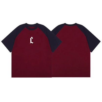 American summer personalized retro creative short-sleeved T-shirt for men new Korean style splicing raglan sleeves for couples Street King Limited