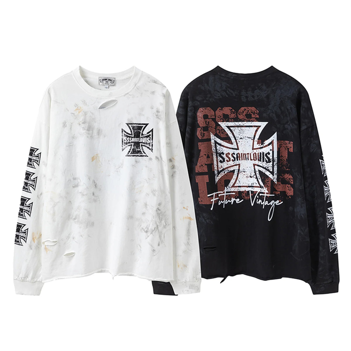 sssaint Louis Vintage Dirty Worn Distressed Cross Print High-Street Graffiti Long Sleeve T Shirt Pullover Summer Street King Limited