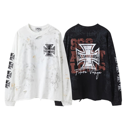 sssaint Louis Vintage Dirty Worn Distressed Cross Print High-Street Graffiti Long Sleeve T Shirt Pullover Summer Street King Limited