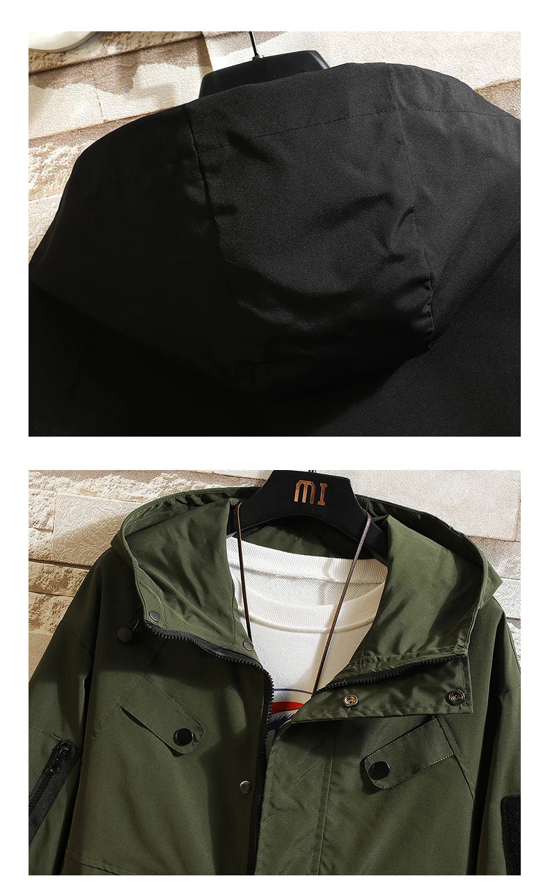 men jacket fashion 2024 army green punch jackets oversized hooded jacket collage zip design patch outdoor coat unique default style 6096