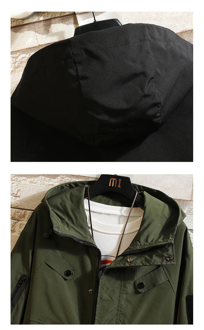 men jacket fashion 2024 army green punch jackets oversized hooded jacket collage zip design patch outdoor coat unique default style 6096