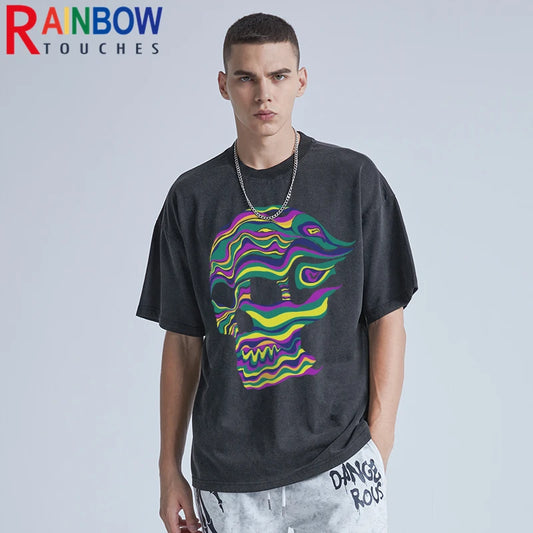 Rainbowtouches Washed Men T Shirt 2022 Summer Vintage Unisex High Street Skulls Pattern Oversize Fashion Mens Graphic T-Shirts Street King Limited
