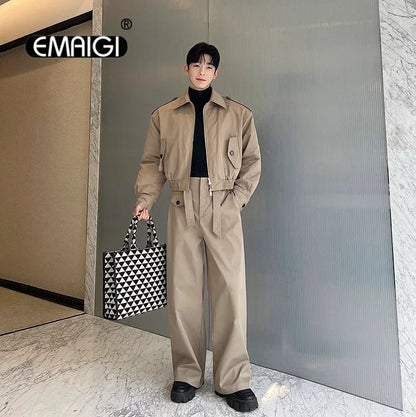 men 2 pieces sets quilted short cargo jacket pant autumn winter korean streetwear casual thicken bomber coat trousers suits utility cargo pants