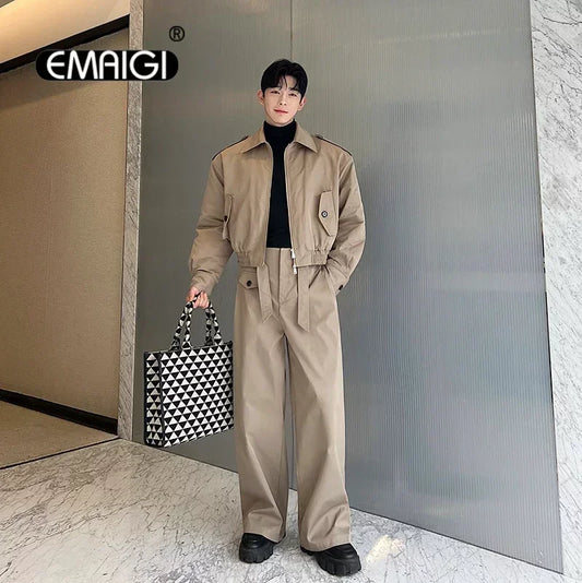 men 2 pieces sets quilted short cargo jacket pant autumn winter korean streetwear casual thicken bomber coat trousers suits utility cargo pants