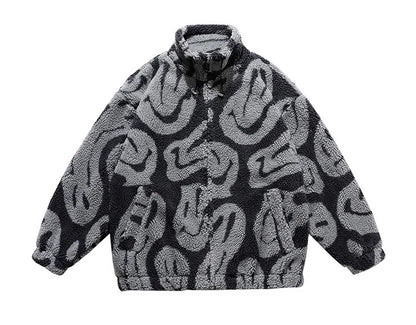 winter lambswool coat men casual streetwear grimace print parka hip hop grain fleece coat loose college warm outwear unisex new unique default style 4961