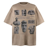 Men T Shirts Funny Statue Face Print Short Sleeves T Shirt High Street Loose Tees Vintage Casual Cotton Tops Black Brown Street King Limited