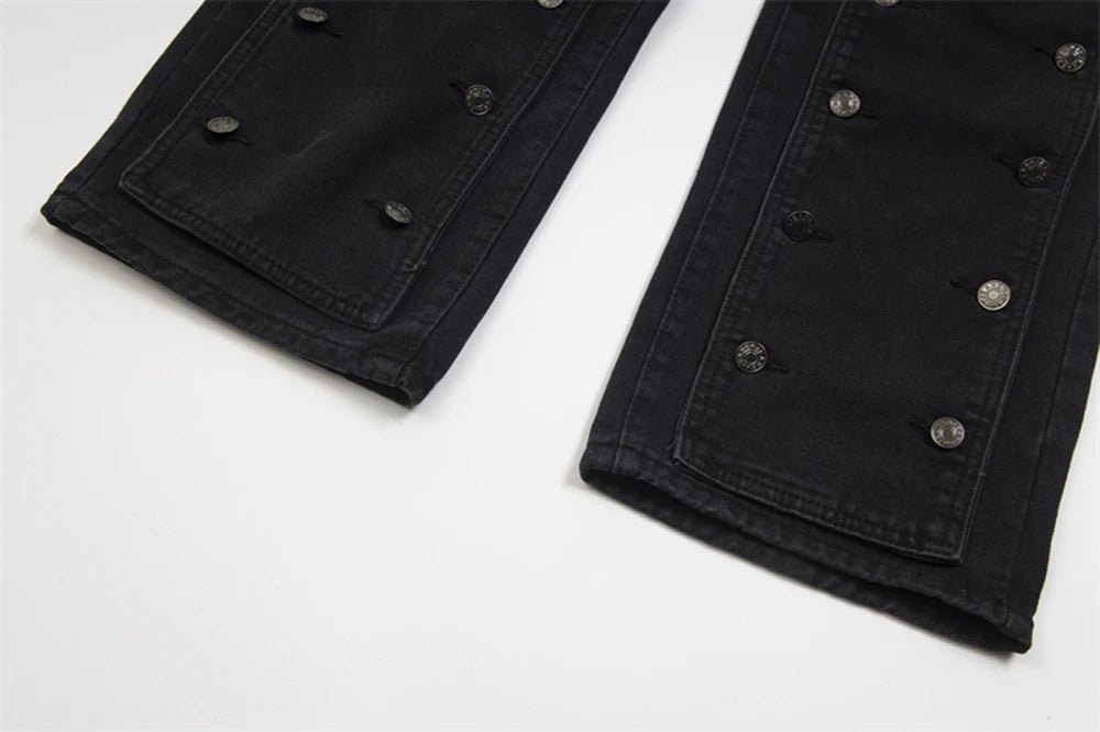 detachable button black washed baggy jeans for men straight harajuku ropa hombre loose denim trousers oversized cargo pants unique cargo style 4643