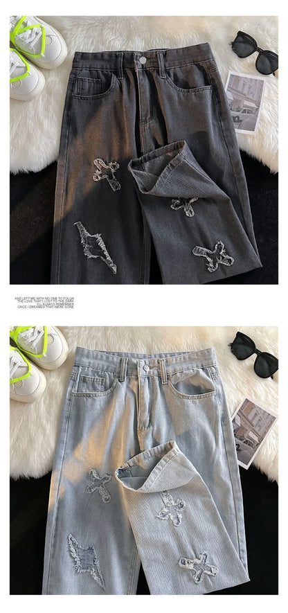 Korean Street Style Retro Pants Raw Edge Cross Jeans Design Y2K Personality Men and Women Niche Hip-hop Loose Sports Jeans Street King Limited