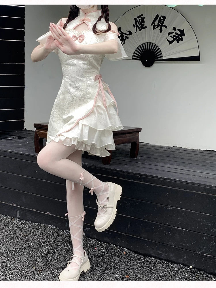 Vintage Chinese Style Cheongsam High Split Mini Dress 2024 Tie Dye Gothic Women Aesthetic Bandage Dresses Y2k Sexy Bodycon Robe Street King Limited