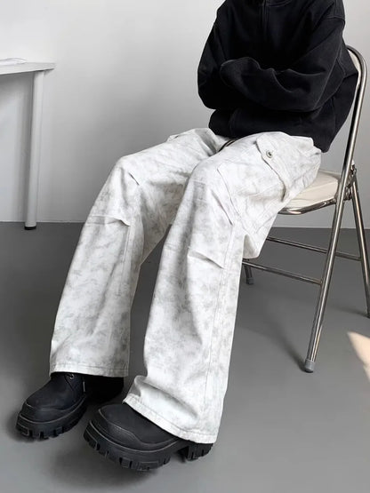 American Tie Dye Cargo Pants Mens Autumn Vintage High Street Straight Leg Trousers Casual Multi Pocket Loose Overalls Male Street King Limited