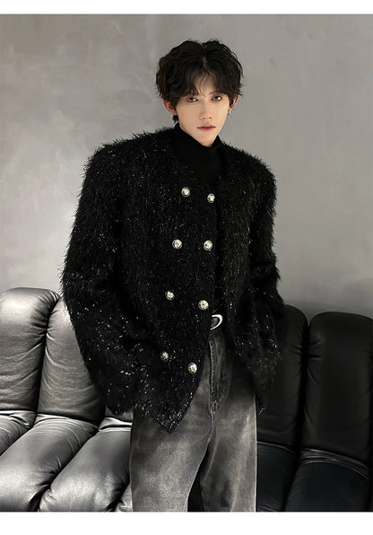 men double breasted french streetwear retro fashion loose casual tassels woolen short jacket man korean coat outerwear unique shorts style 1291