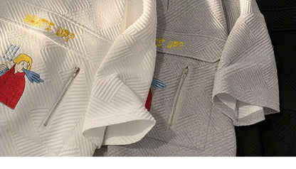 Korean waffle short-sleeved polo shirt with cartoon pattern summer jacquard collar t-shirt for men ins Hong Kong style loose top Street King Limited