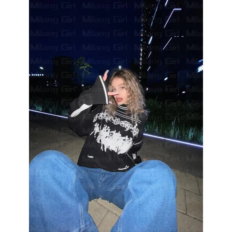 Hip Hop Streetwear Knitted Sweater Men Women Gothic Hassett Pattern Oversized Sweater Pullover Winter Harajuku Cotton sweater Street King Limited