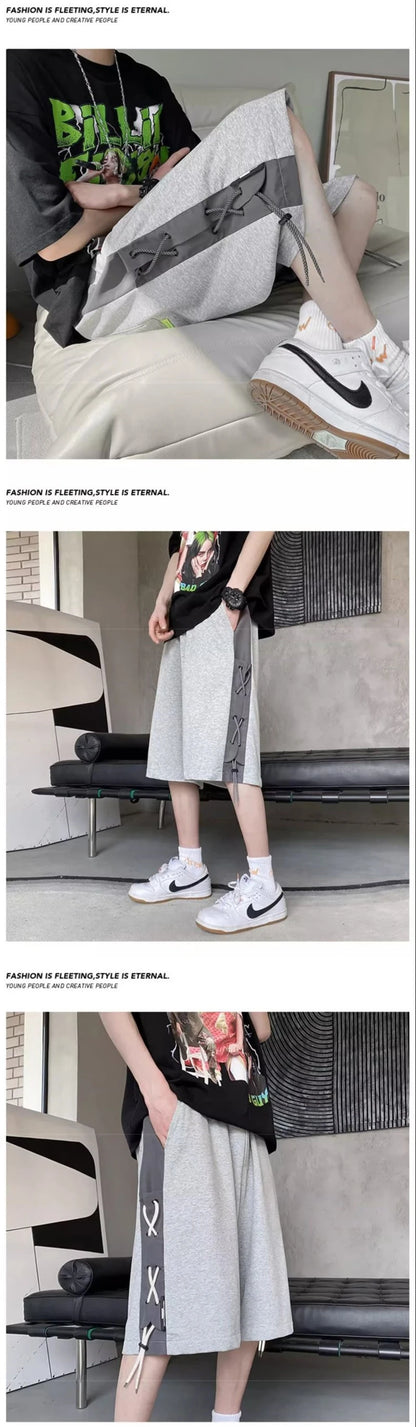 mens stitching rope athletic shorts drawstring breathable patchwork short pants summer outdoor streetwear y2k bermudas hombre unique shorts style 3231