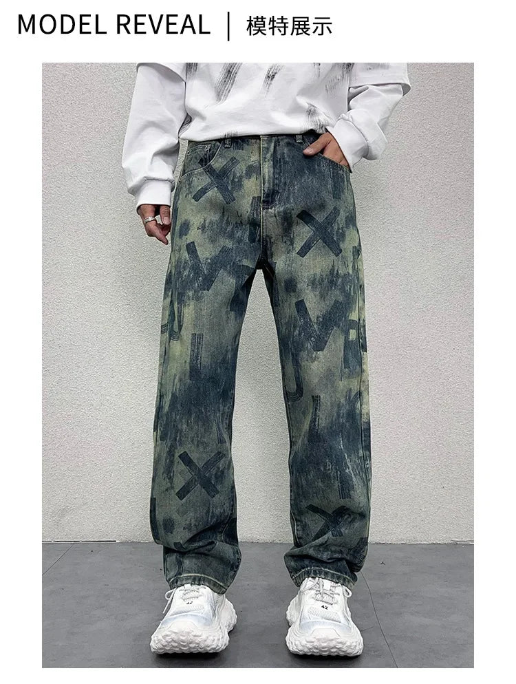 men loose casual american high street hip hop vibe printed denim baggy jeans pants man streetwear ripped jeans trousers unique jeans style 2973