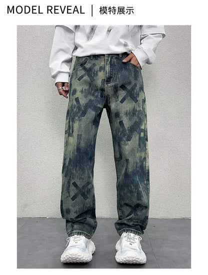 men loose casual american high street hip hop vibe printed denim baggy jeans pants man streetwear ripped jeans trousers unique jeans style 2973