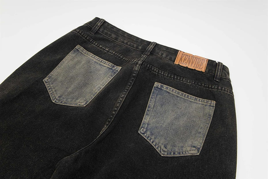 vintage black mens jeans patchwork hip hop baggy jeans man streetwear harajuku loose straight denim pants unique jeans style 4196