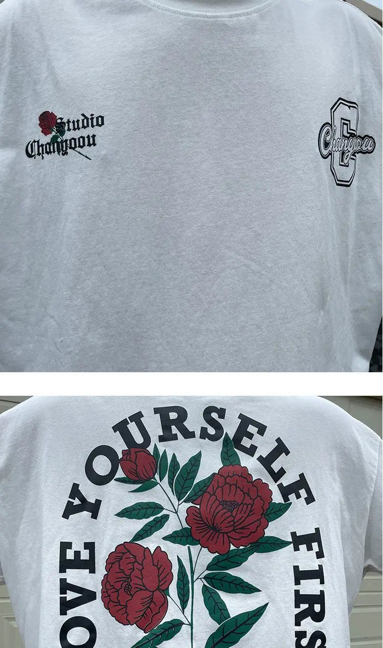 Retro back rose print washed distressed t-shirt national fashion brand pure cotton short-sleeved men's couple wear half-sleeved Street King Limited