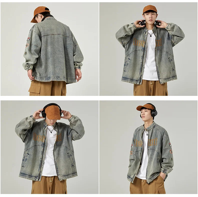 high street vintage washed denim jacket men american style embroidery label stand collar ruffian handsome motorcycle jeans coats unique jeans style 5385