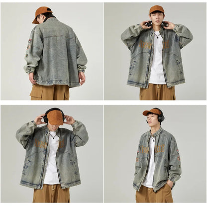 high street vintage washed denim jacket men american style embroidery label stand collar ruffian handsome motorcycle jeans coats unique jeans style 5385
