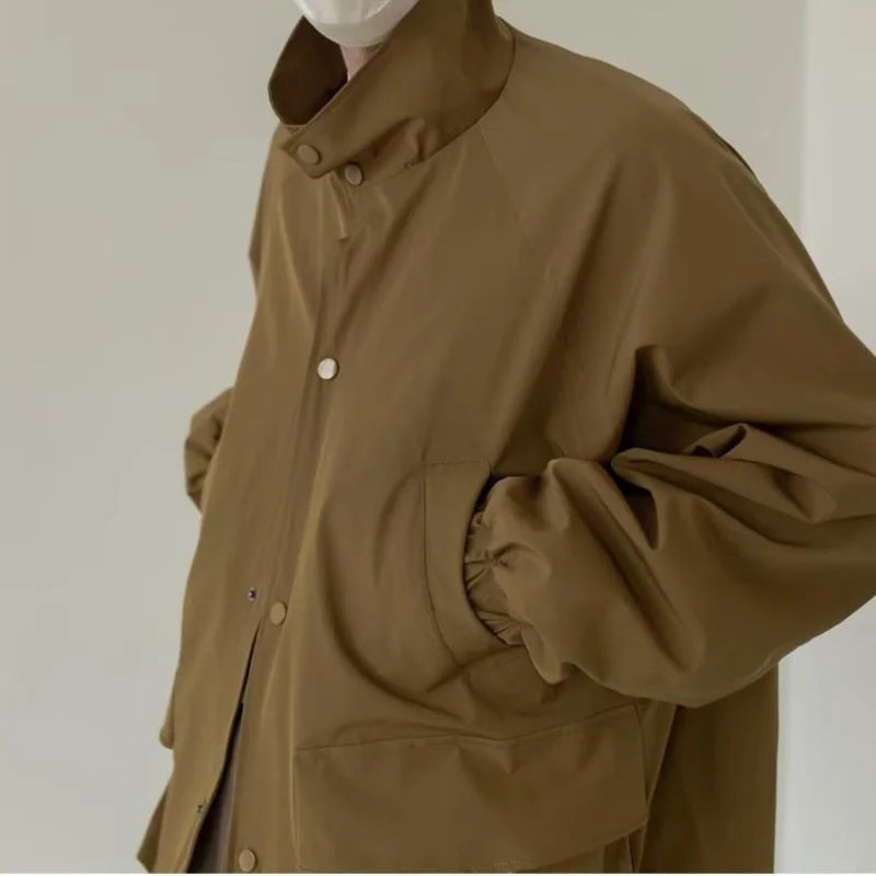 japanese spring jacket mens single breasted stand collar harajuku unisex coats solid big pocket drawstring casual men outwear relaxed fit trousers