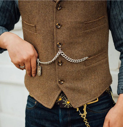 Business Mens Suit Vest Lapel V Neck Wool Herringbone Casual Brown Waistcoat Casual Formal Groomsman Jacket For Wedding Street King Limited