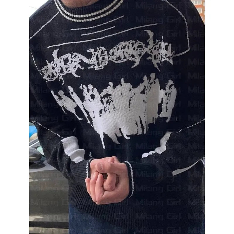 Hip Hop Streetwear Knitted Sweater Men Women Gothic Hassett Pattern Oversized Sweater Pullover Winter Harajuku Cotton sweater Street King Limited