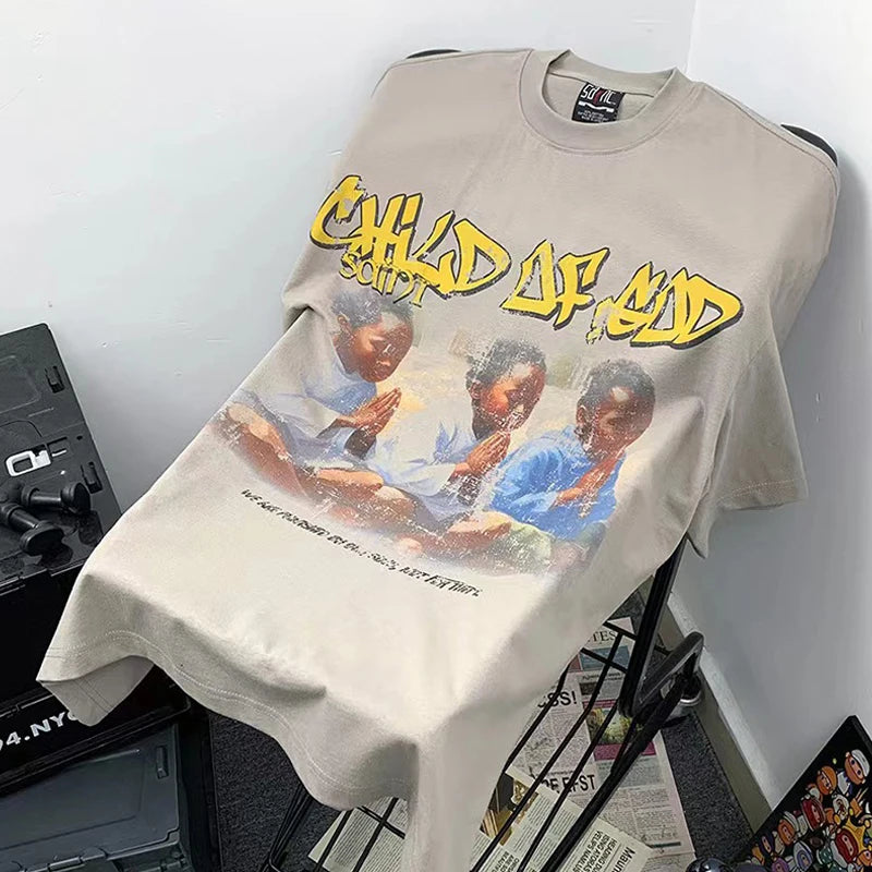 Saint T Shirt Prayer Child Nostalgia Vintage Printing Hip Hop Loose Casual Men Woman High Quality Tops Tee Street King Limited