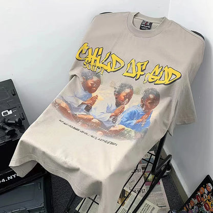 Saint T Shirt Prayer Child Nostalgia Vintage Printing Hip Hop Loose Casual Men Woman High Quality Tops Tee Street King Limited