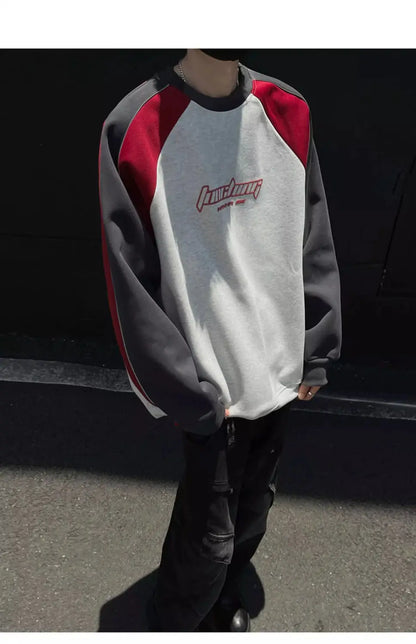 Trendy Personality Korean Motorcycle Style Round Neck Sweatshirt Men 2024 Spring Autumn Niche Contrasting Color Pullover Hot Top Street King Limited