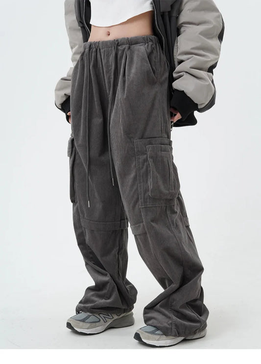 women high street corduroy pants casual elastic waist side pocket loose straight pant unisex hip hop y2k loose streetwear jogger sporty tapered joggers