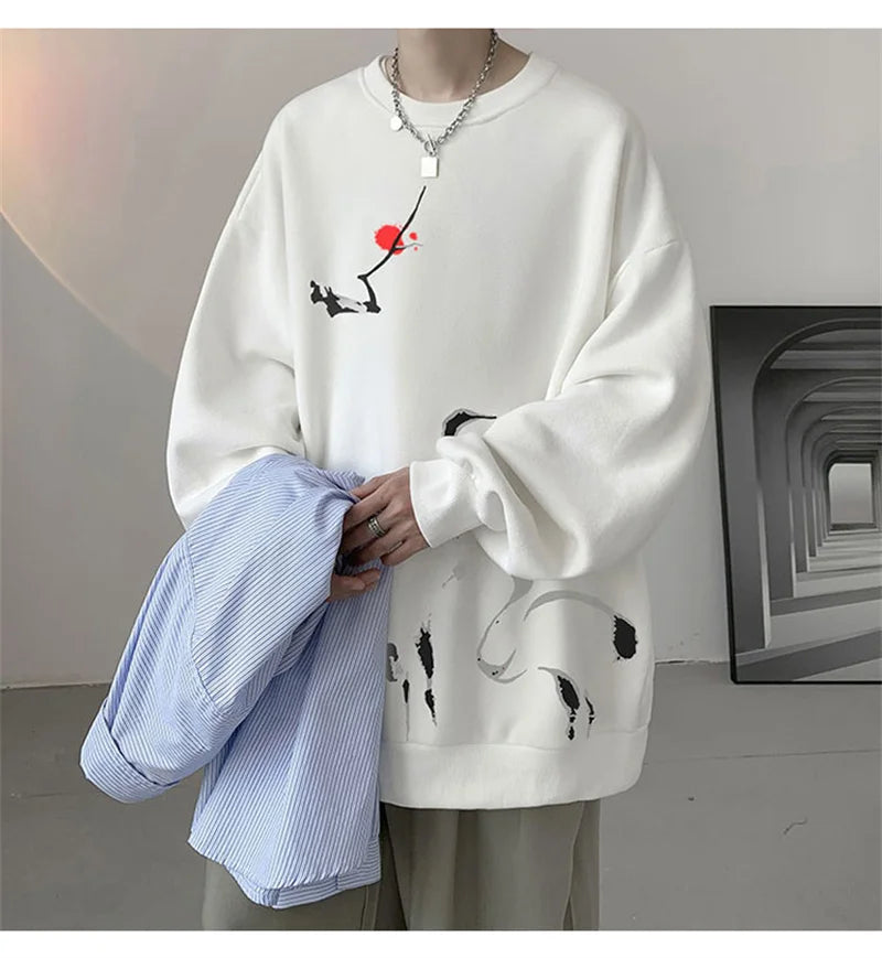 Ink Painting Cartoon Crane Printed Pullover Hoodies For Men 2024 New Hip Hop Fashion Crewneck Hoody Y2K Streetwear Sweatshirts Street King Limited