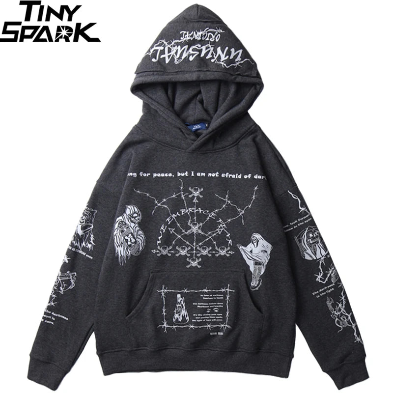 2023 Hip Hop Hoodie Sweatshirt Men Streetwear Skull Graffiti Print Hoodie Pullover Cotton Autumn Grey Harajuku Punk Clothes New Street King Limited
