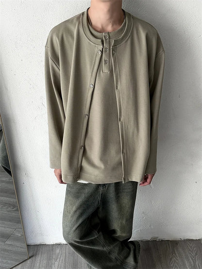 Streetwear New Casual Fake Two Piece Sweatshirts For Men Solid Color Henley Neck 2024 New Casual Fake Two Piece Sweatshirts For Men Solid Color Henley Neck Button Jackets Korean Fashion Loose Y2K Sudaderas Fashion Sweater Jacket With Graphic Design For Men