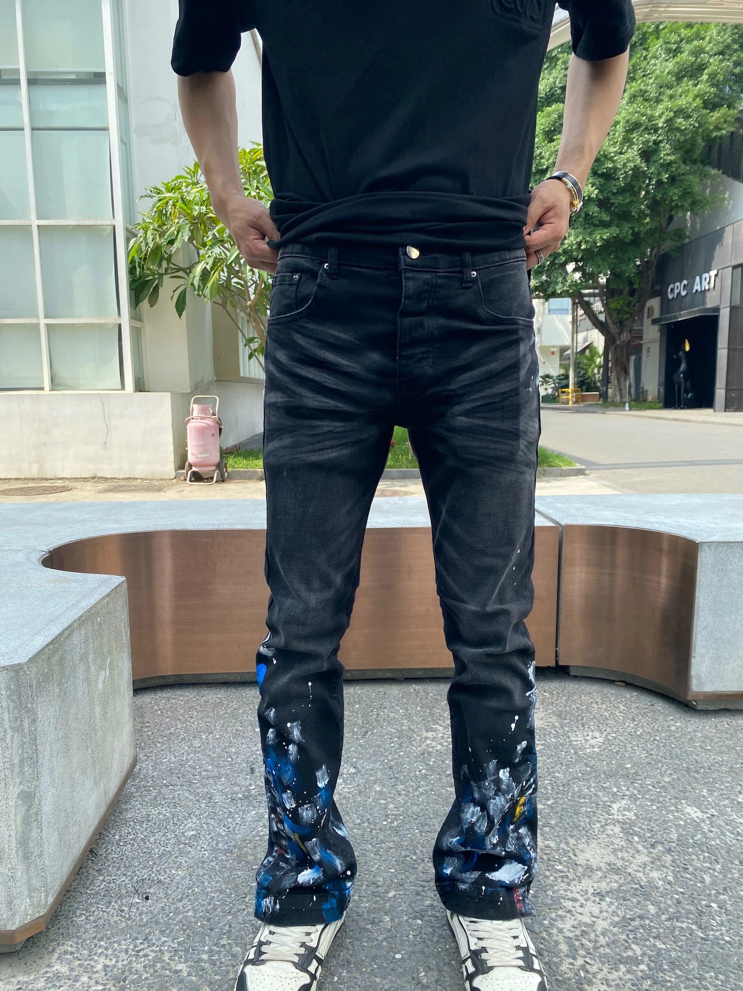 graffiti printed skinny denim jeans men casual buttons fly slim straight biker trousers jeans fashion hip hop jean pants joggers unique joggers style 2384