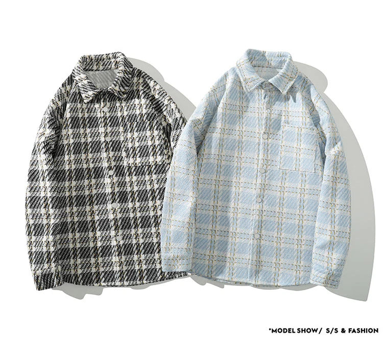 checked pattern cargo jacket coat korean style trendy breasted blouses 2024 spring male long sleeved jackets unique cargo style 5623