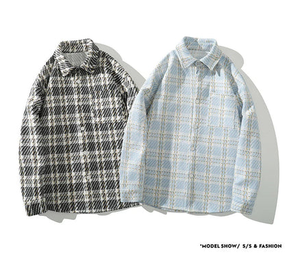 checked pattern cargo jacket coat korean style trendy breasted blouses 2024 spring male long sleeved jackets unique cargo style 5623