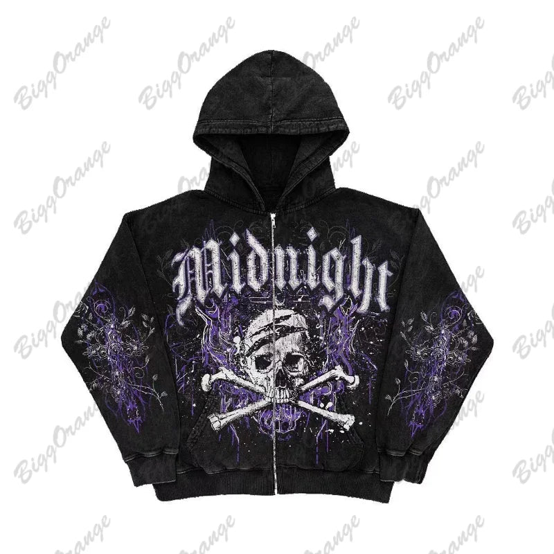Retro Fashion Gothic Skull Bone Print Oversized Hoodie women Y2K Street Hip Hop Versatile Slim Casual Sweater Clothes Street King Limited