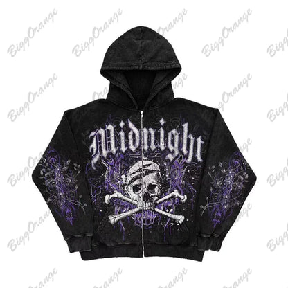 Retro Fashion Gothic Skull Bone Print Oversized Hoodie women Y2K Street Hip Hop Versatile Slim Casual Sweater Clothes Street King Limited